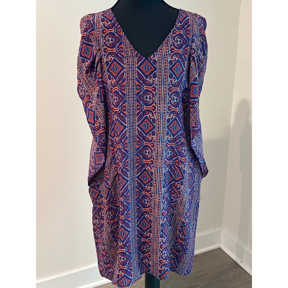Greylin Women's Silk V-Neck Draped Sleeve Geometric Print Shift Dress Lined M